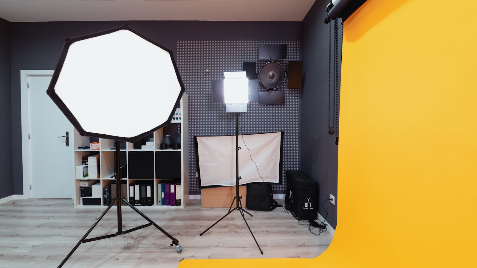 Professional photography studio interior with cyclorama wall and lighting