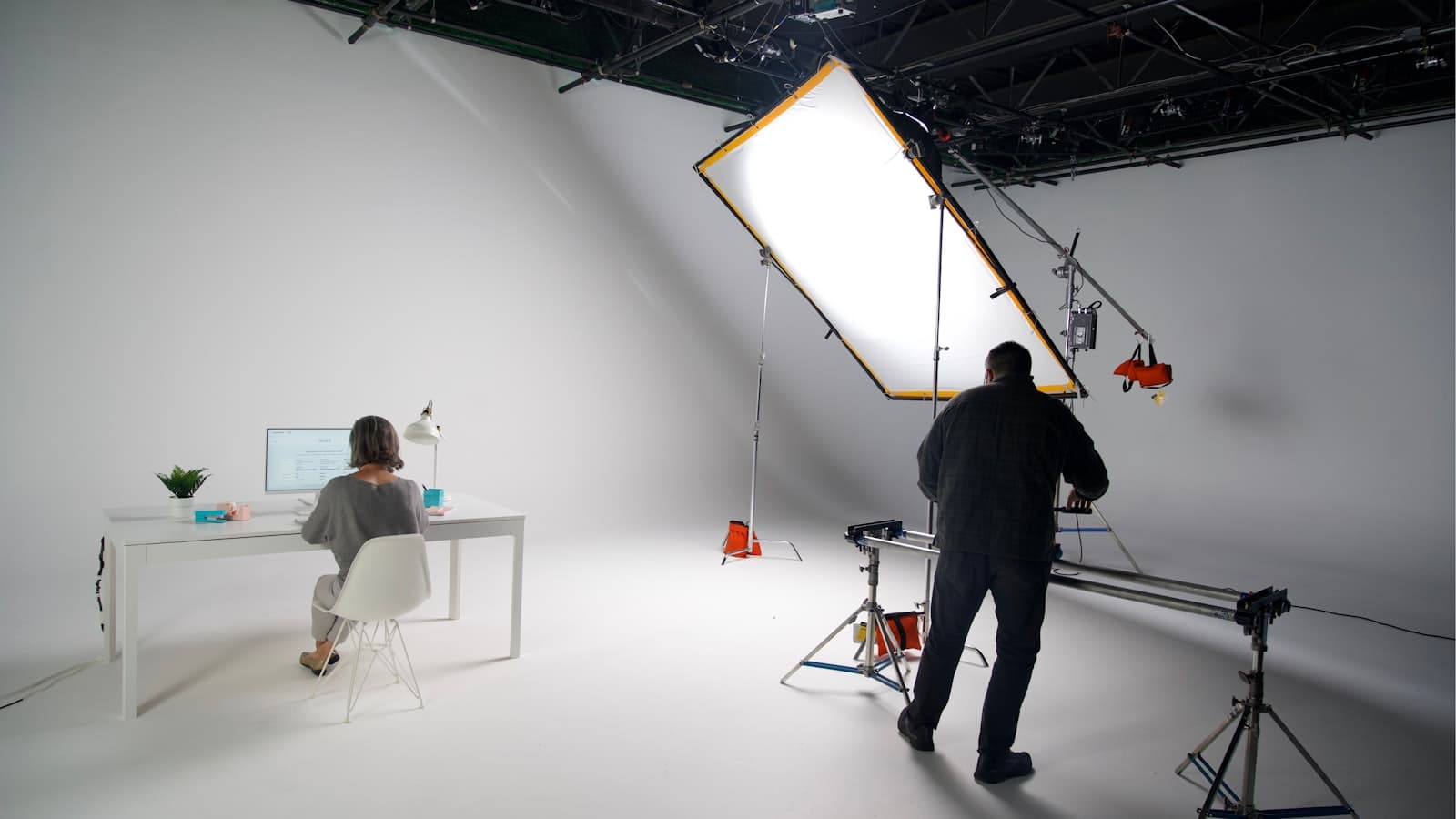 Photography studio interior with cyclorama wall and professional lighting