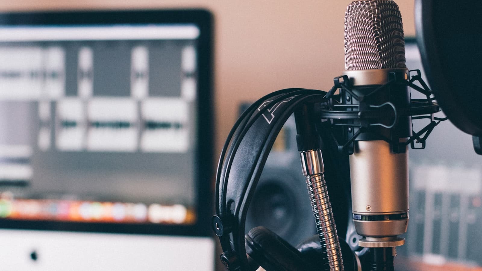 Podcast studio with broadcast microphone in close-up